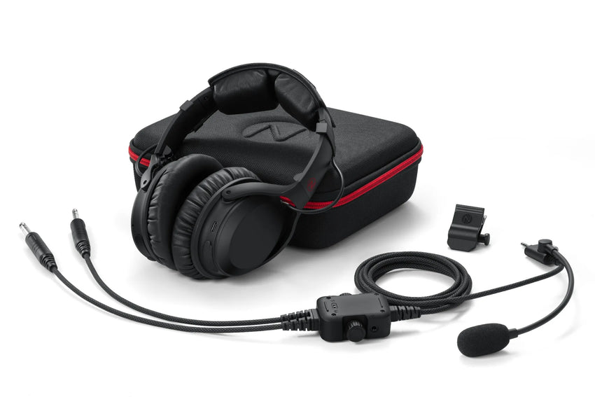 Complete NFlight Ascent aviation headset system with accessories laid out on white background