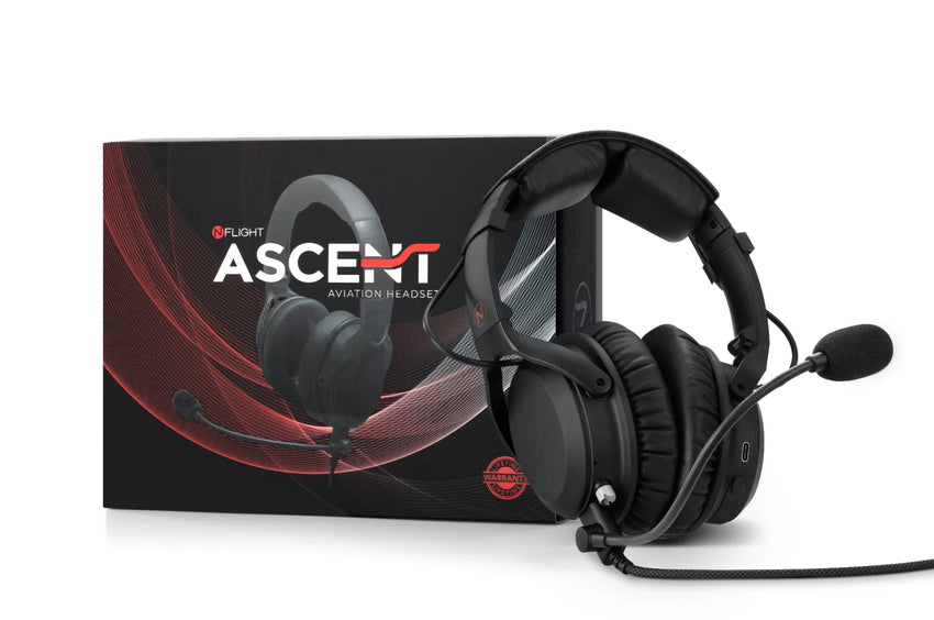 NFlight Ascent aviation headset shown with retail packaging and microphone attached